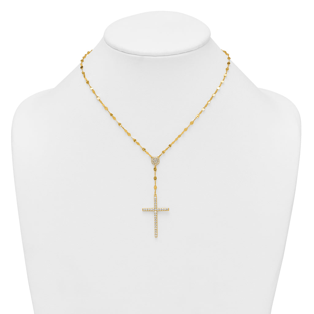 Sterling Silver Gold-tone Polished Fancy CZ Latin Cross 16 Inch with 2 Inch Extension Necklace