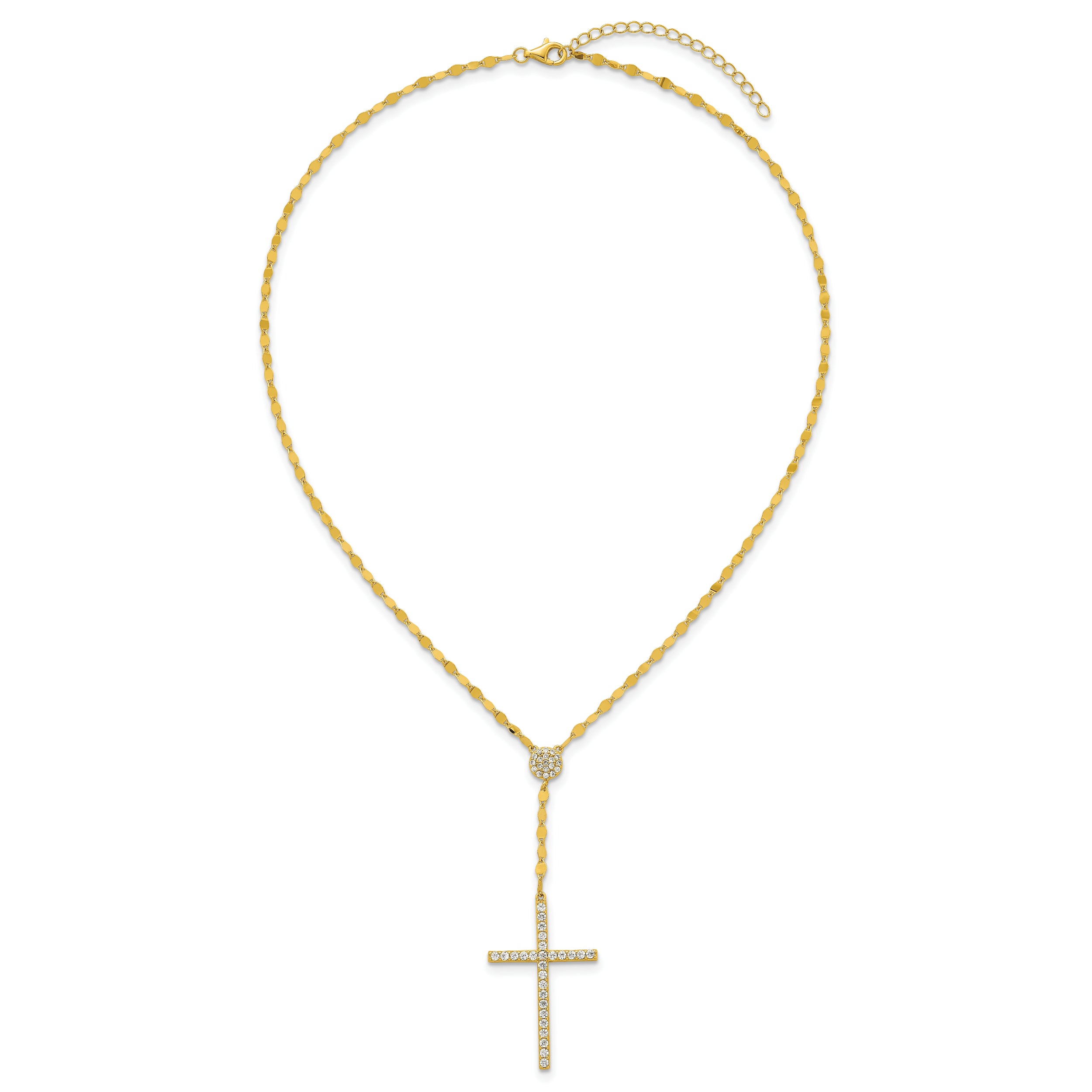 Sterling Silver Gold-tone Polished Fancy CZ Latin Cross 16 Inch with 2 Inch Extension Necklace