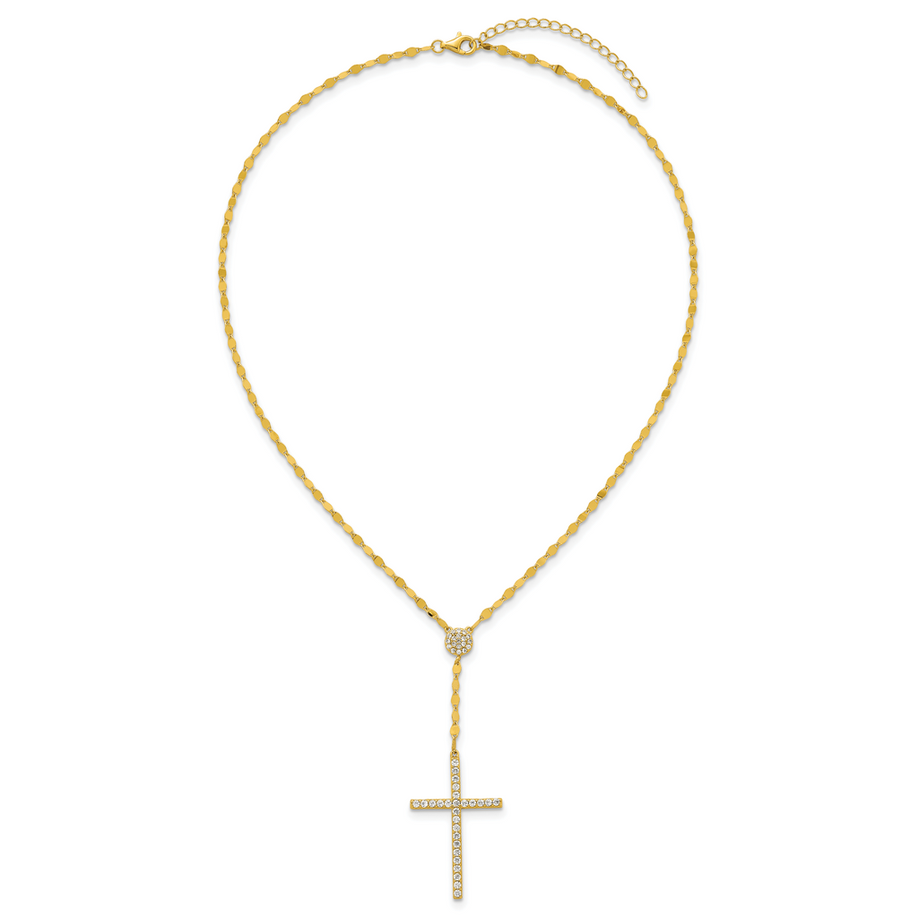 Sterling Silver Gold-tone Polished Fancy CZ Latin Cross 16 Inch with 2 Inch Extension Necklace