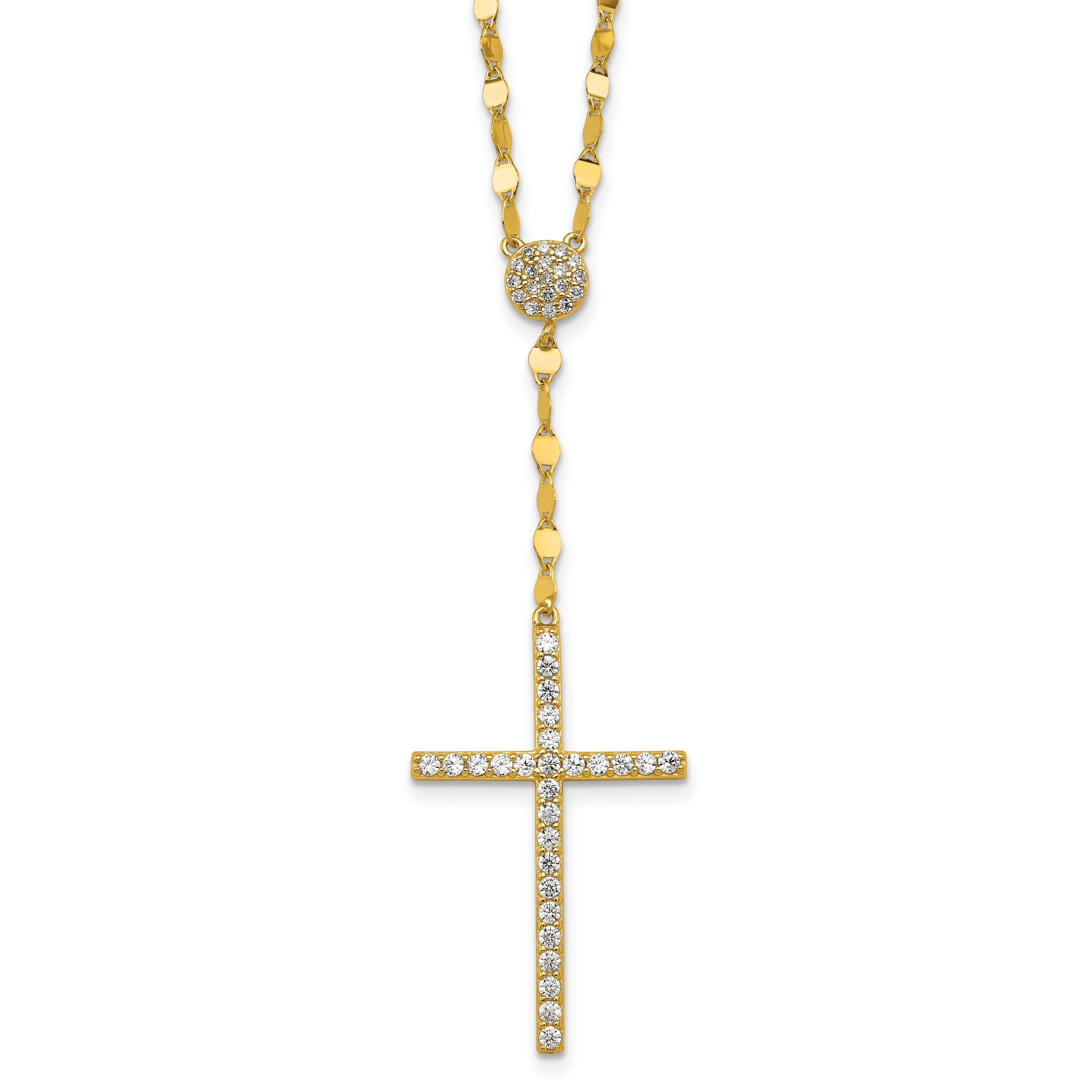 Sterling Silver Gold-tone Polished Fancy CZ Latin Cross 16 Inch with 2 Inch Extension Necklace