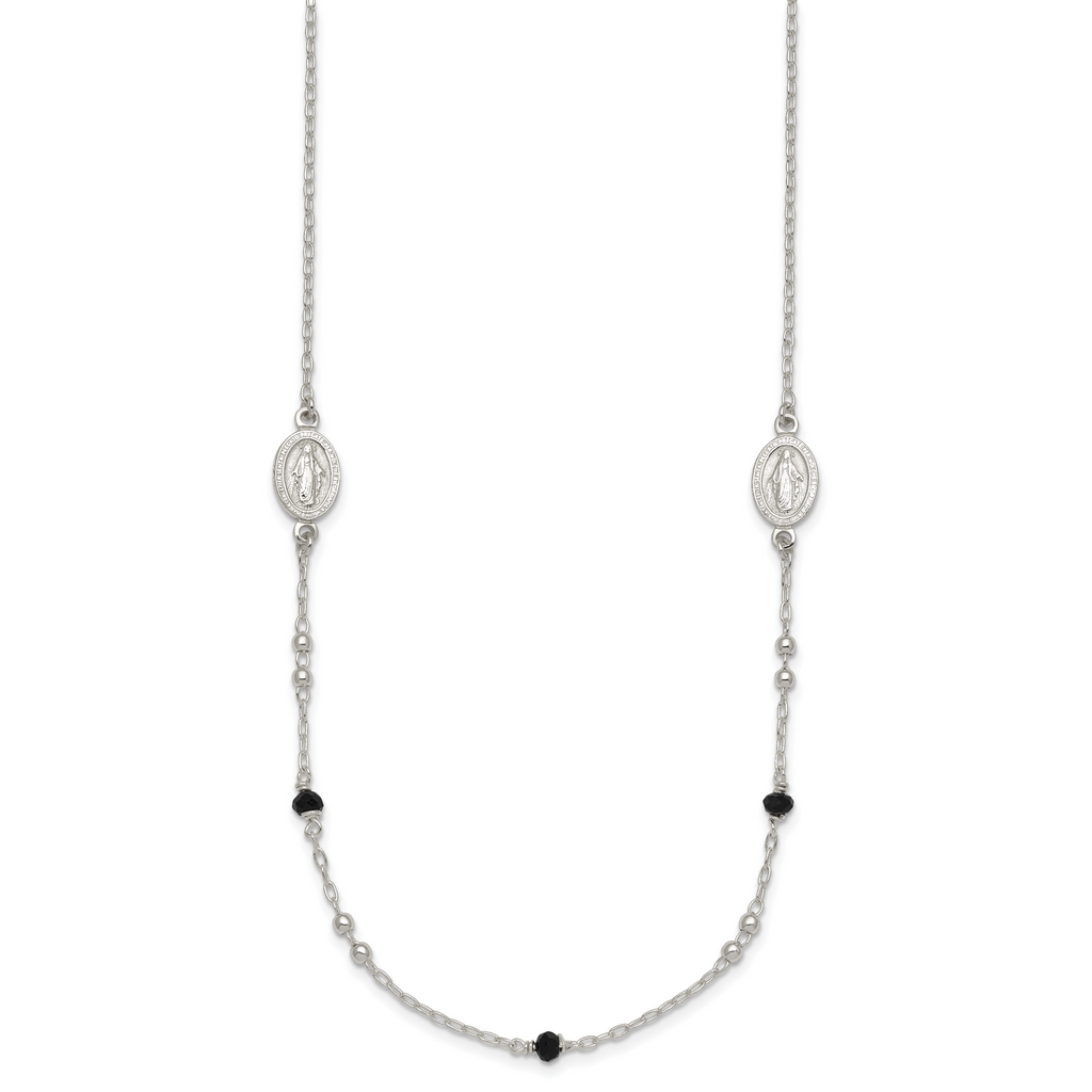 Sterling Silver Polished Textured Spanish Miraculous Medals with Black Glass Beads 16 inch Necklace