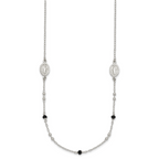 Sterling Silver Polished Textured Spanish Miraculous Medals with Black Glass Beads 16 inch Necklace