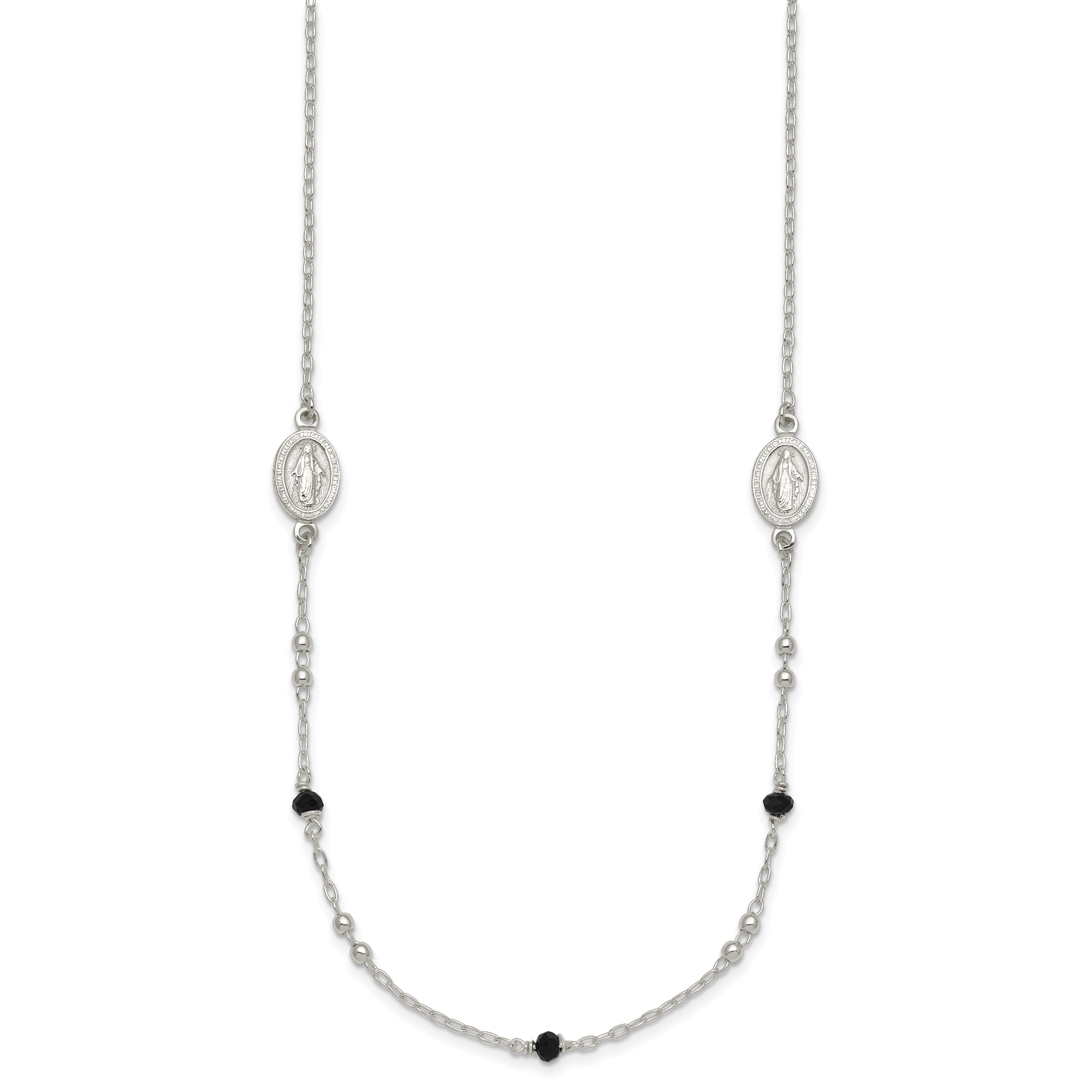 Sterling Silver Polished Textured Spanish Miraculous Medals with Black Glass Beads 16 inch Necklace