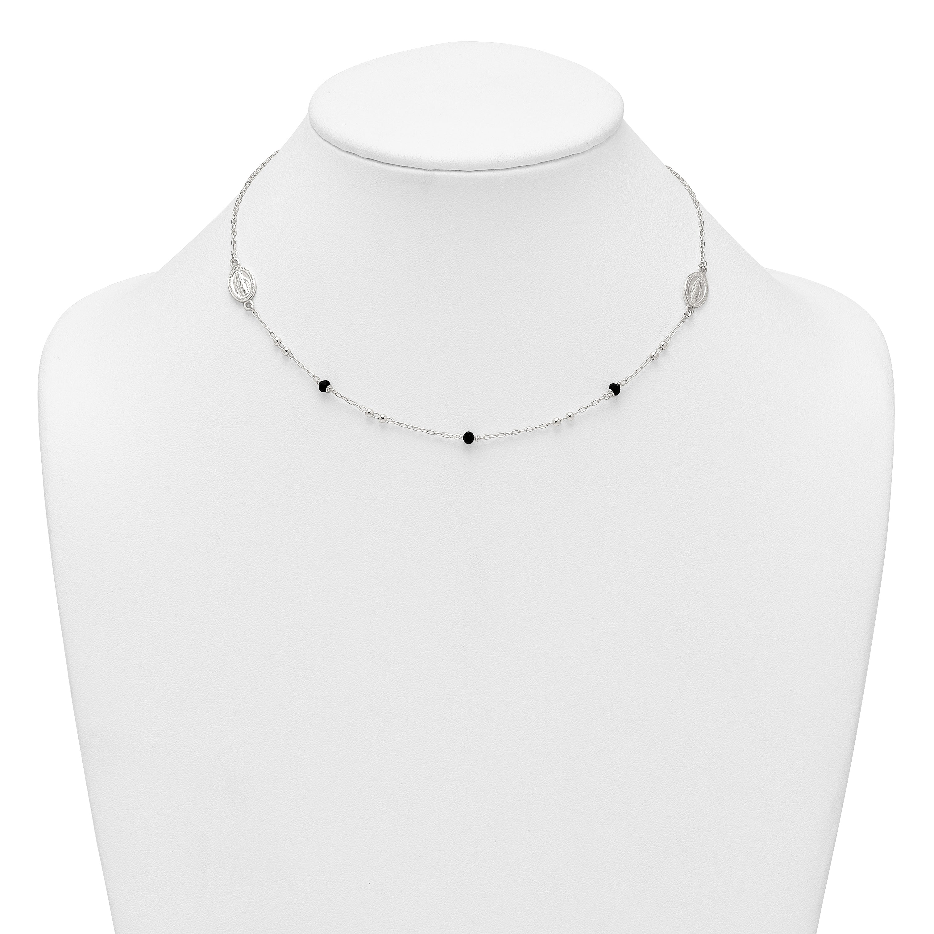 Sterling Silver Polished Textured Spanish Miraculous Medals with Black Glass Beads 16 inch Necklace