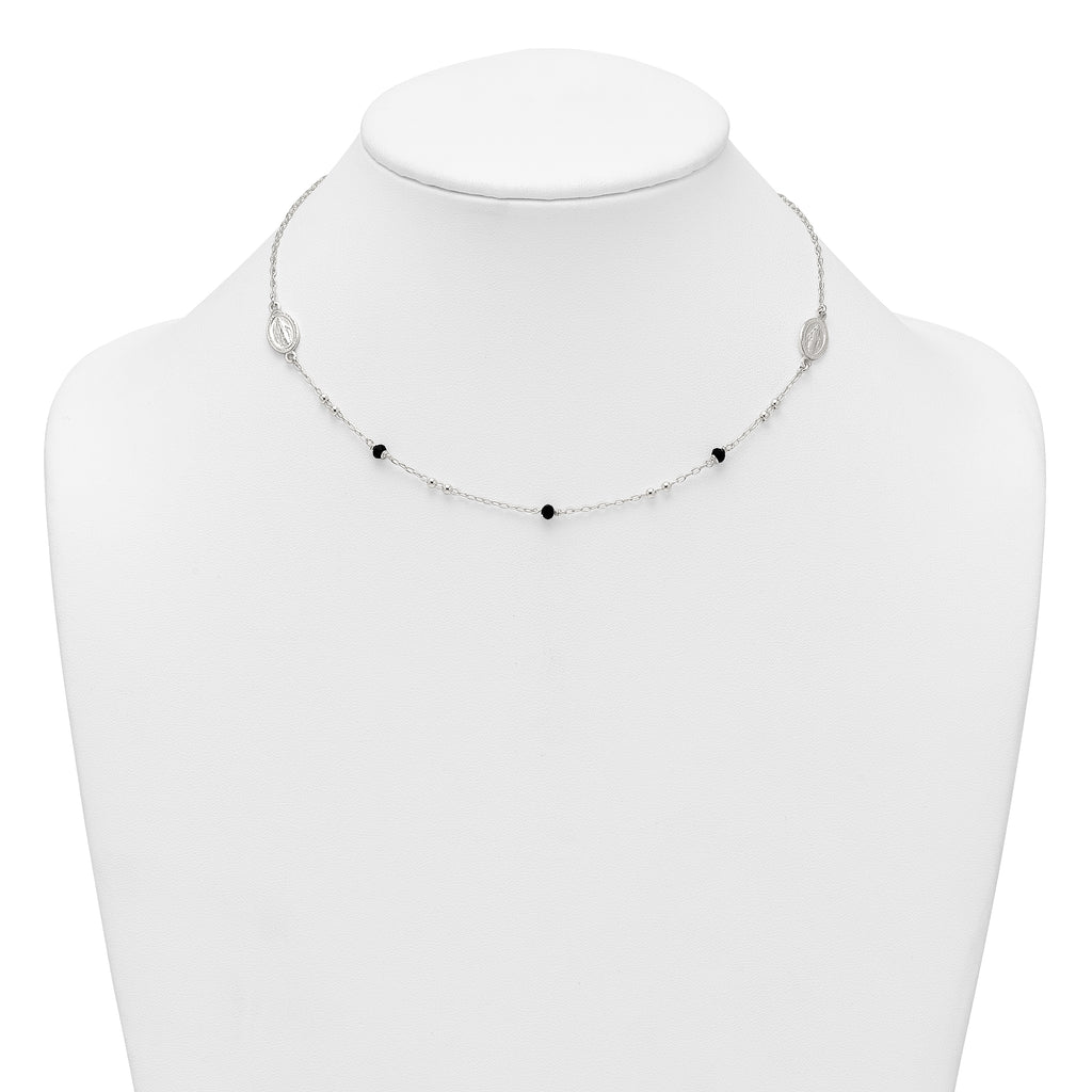 Sterling Silver Polished Textured Spanish Miraculous Medals with Black Glass Beads 16 inch Necklace