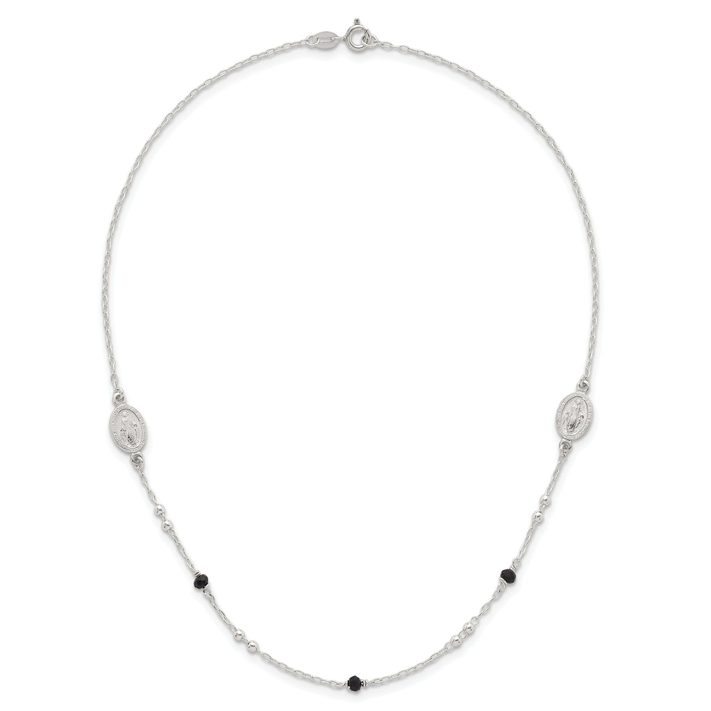 Sterling Silver Polished Textured Spanish Miraculous Medals with Black Glass Beads 16 inch Necklace