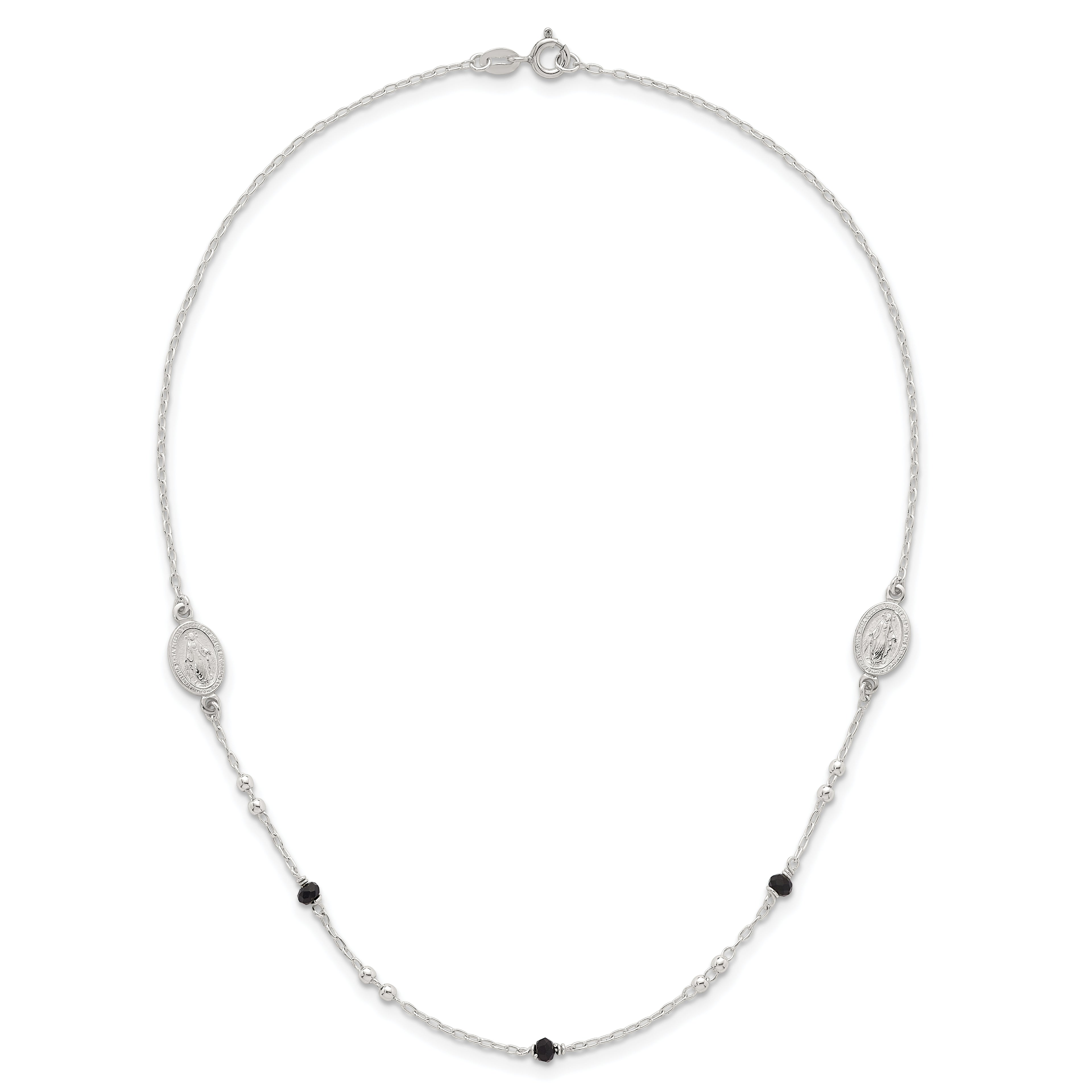 Sterling Silver Polished Textured Spanish Miraculous Medals with Black Glass Beads 16 inch Necklace