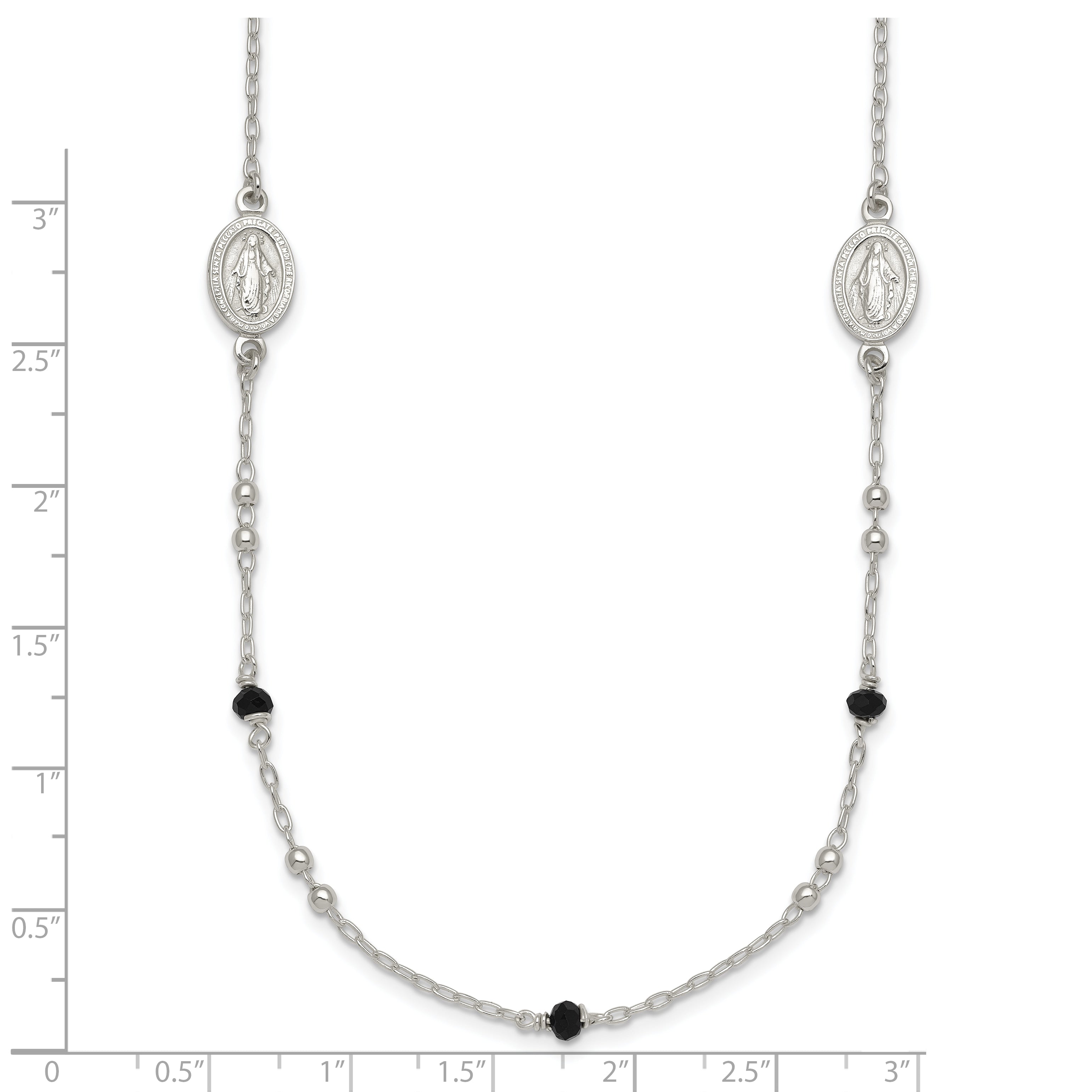 Sterling Silver Polished Textured Spanish Miraculous Medals with Black Glass Beads 16 inch Necklace