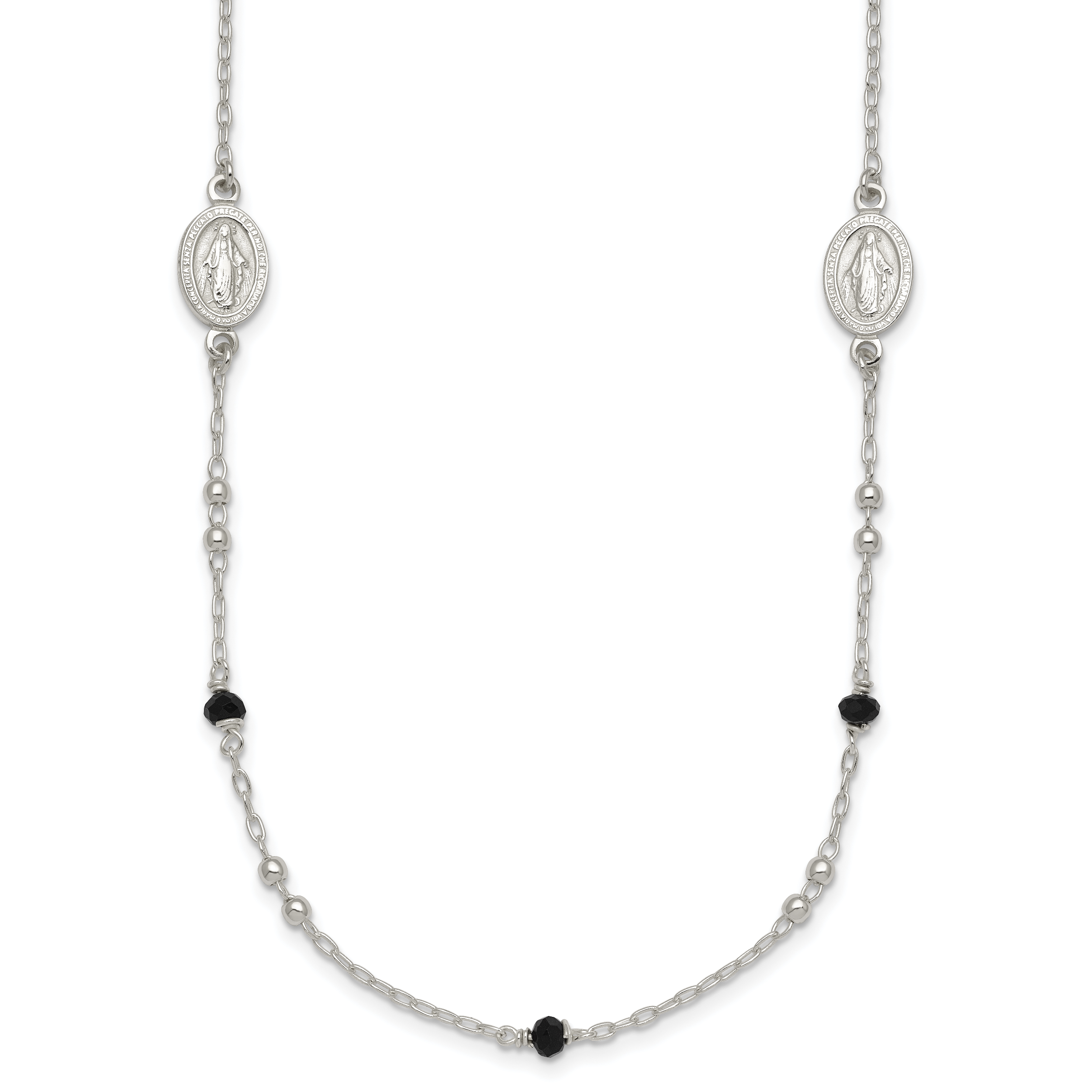 Sterling Silver Polished Textured Spanish Miraculous Medals with Black Glass Beads 16 inch Necklace Main image