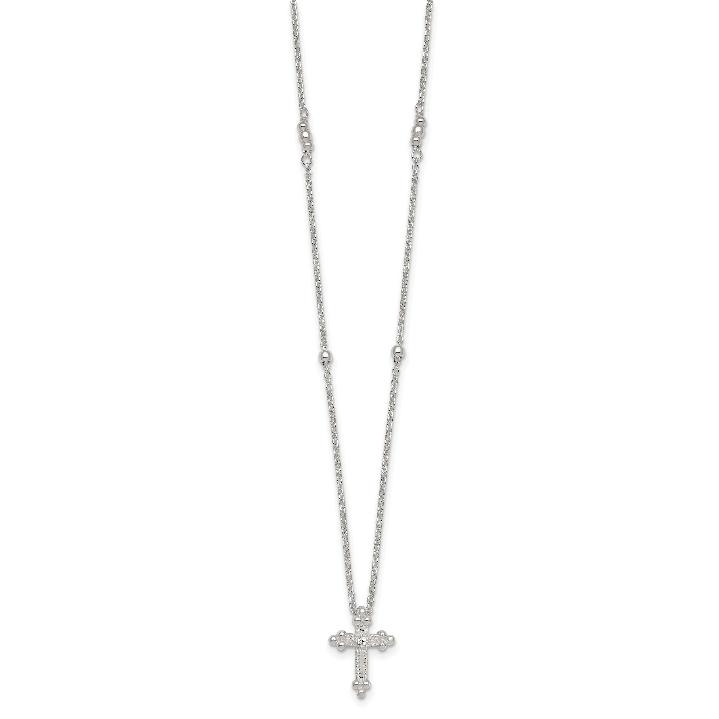 Sterling Silver Polished and Beaded White CZ Budded Cross 16.5 inch with 1 inch Extension Necklace