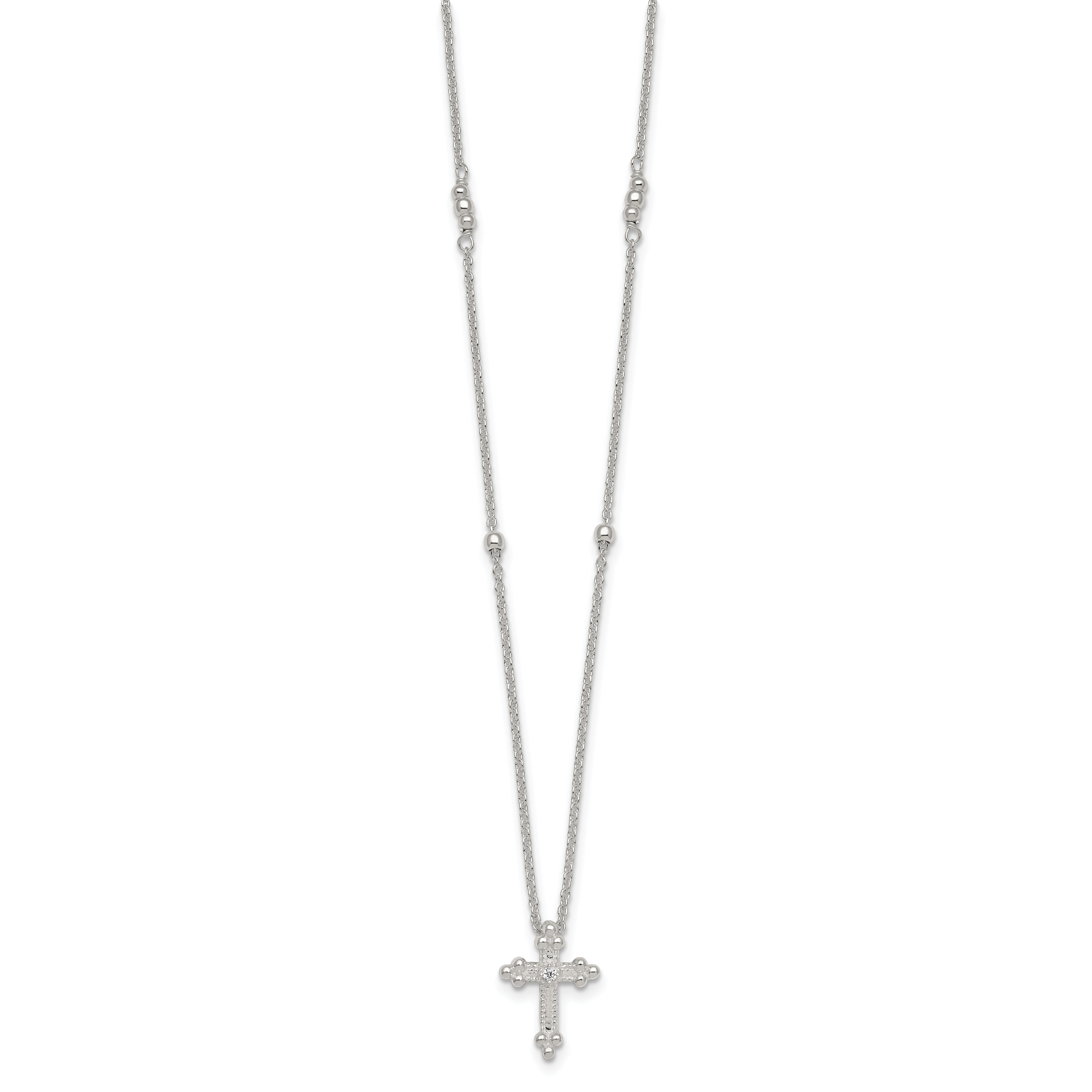 Sterling Silver Polished and Beaded White CZ Budded Cross 16.5 inch with 1 inch Extension Necklace Secondary image
