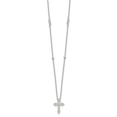 Sterling Silver Polished and Beaded White CZ Budded Cross 16.5 inch with 1 inch Extension Necklace