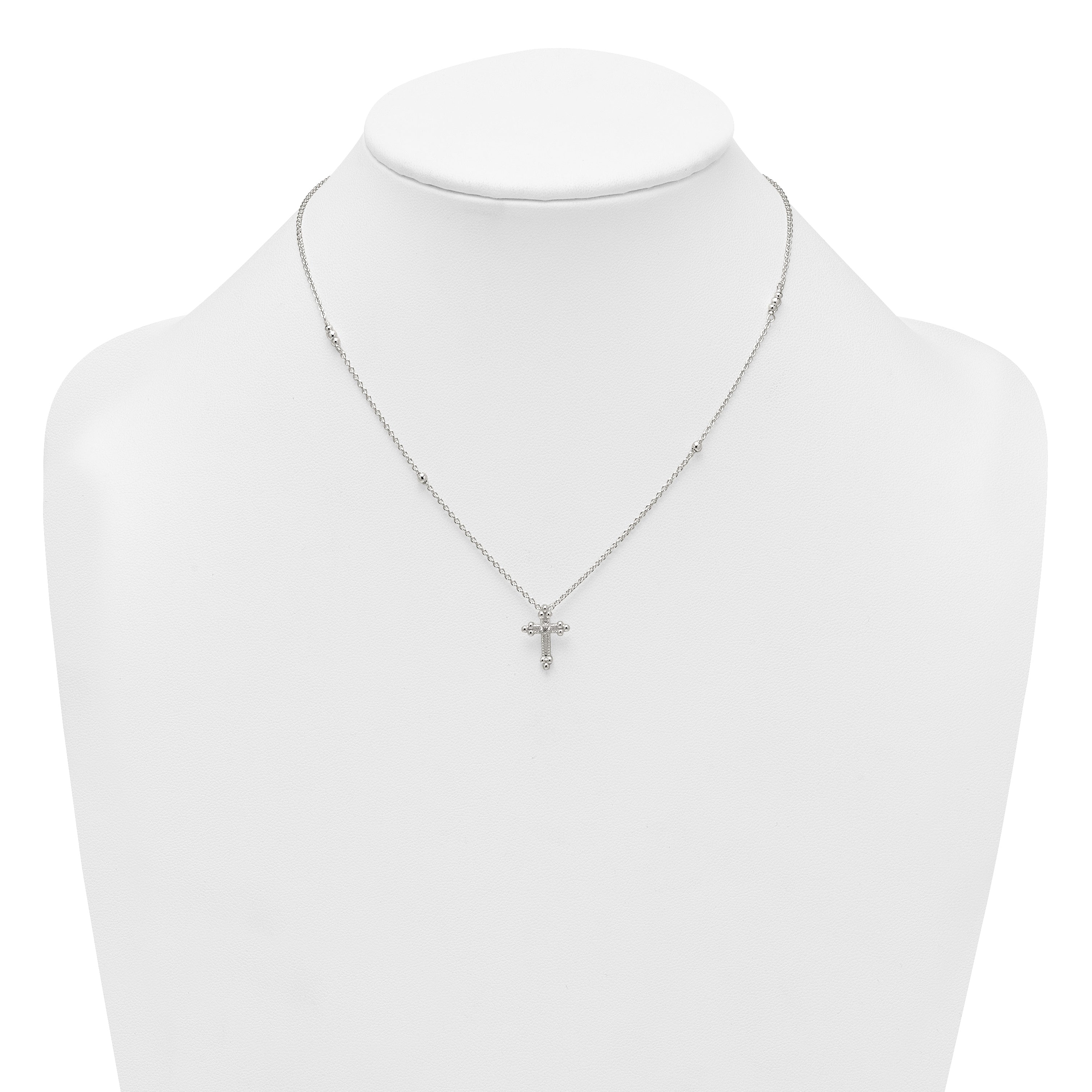 Sterling Silver Polished and Beaded White CZ Budded Cross 16.5 inch with 1 inch Extension Necklace