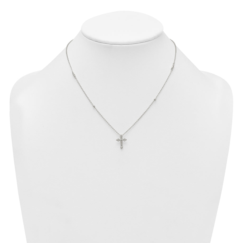 Sterling Silver Polished and Beaded White CZ Budded Cross 16.5 inch with 1 inch Extension Necklace