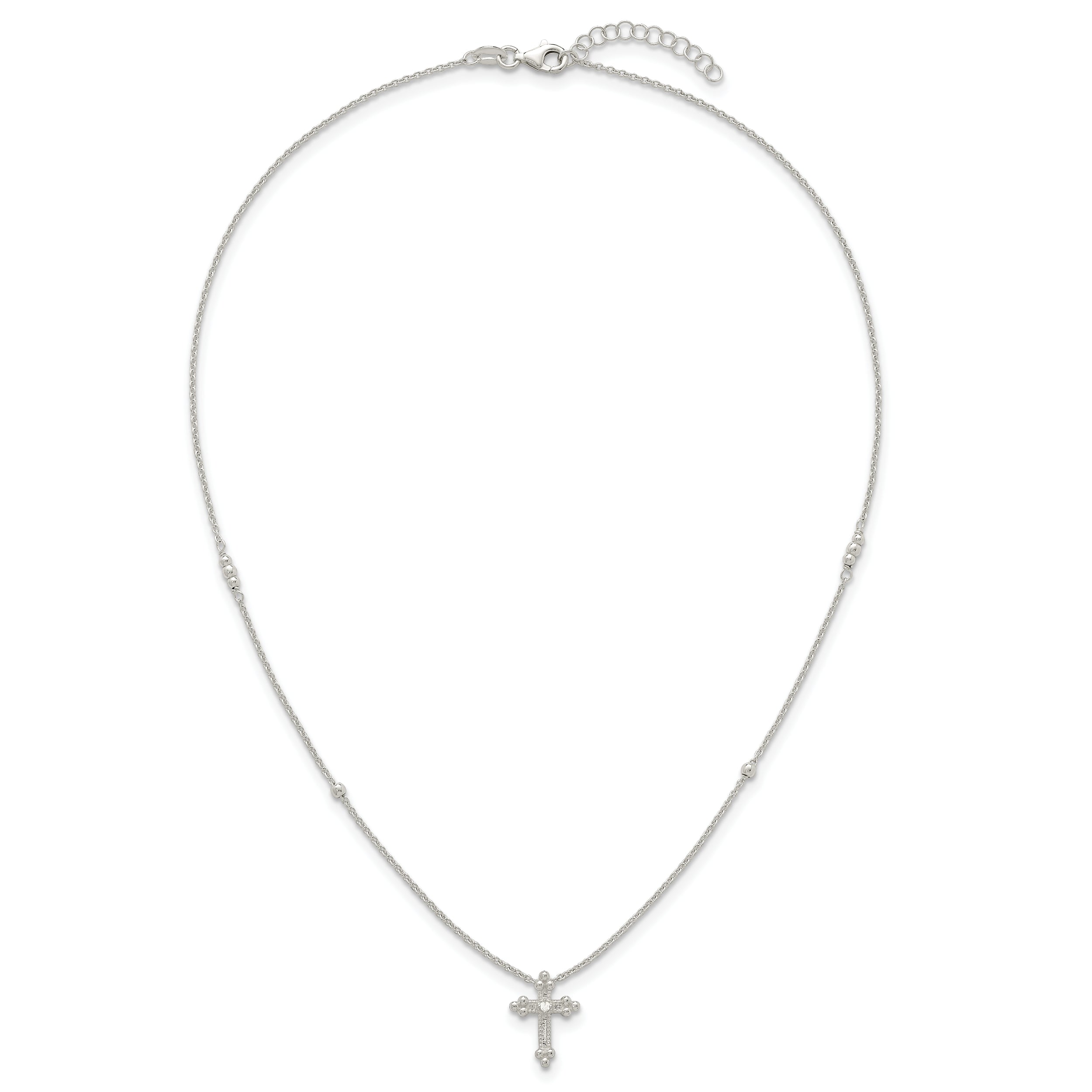 Sterling Silver Polished and Beaded White CZ Budded Cross 16.5 inch with 1 inch Extension Necklace