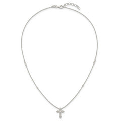 Sterling Silver Polished and Beaded White CZ Budded Cross 16.5 inch with 1 inch Extension Necklace