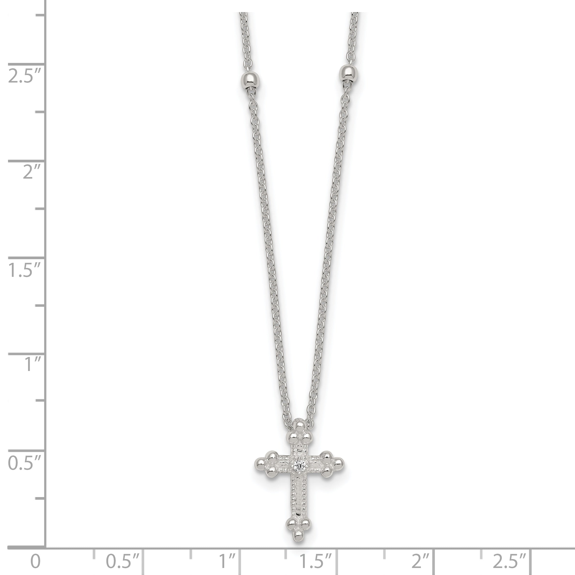 Sterling Silver Polished and Beaded White CZ Budded Cross 16.5 inch with 1 inch Extension Necklace