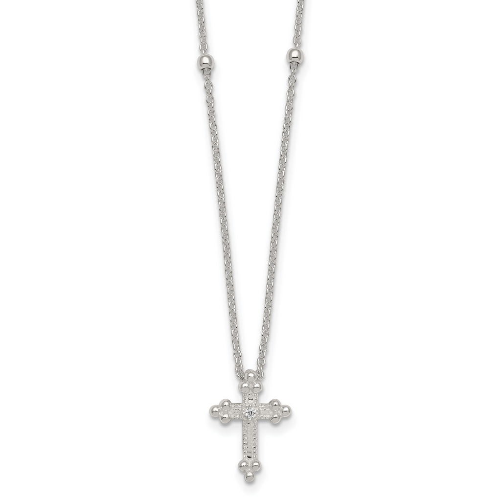 Sterling Silver Polished and Beaded White CZ Budded Cross 16.5 inch with 1 inch Extension Necklace