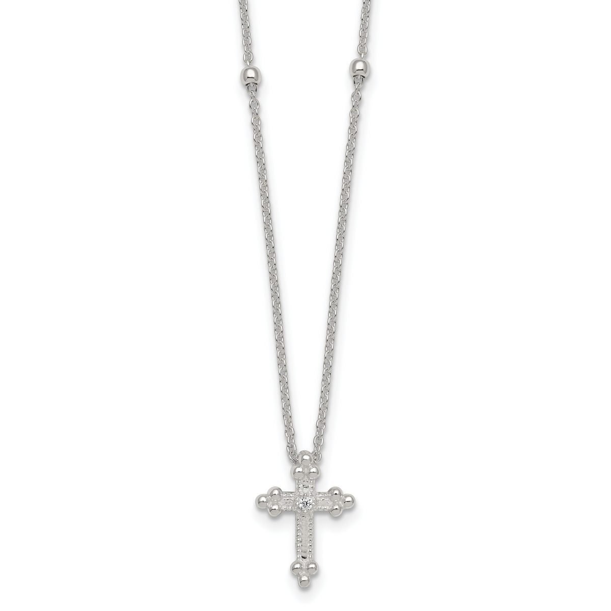 Sterling Silver Polished and Beaded White CZ Budded Cross 16.5 inch with 1 inch Extension Necklace