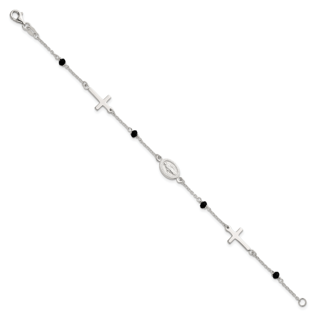 Sterling Silver Polished Spanish Miraculous Medal and Crosses with Black Glass Beads 7.5 inch Bracelet