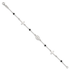 Sterling Silver Polished Spanish Miraculous Medal and Crosses with Black Glass Beads 7.5 inch Bracelet