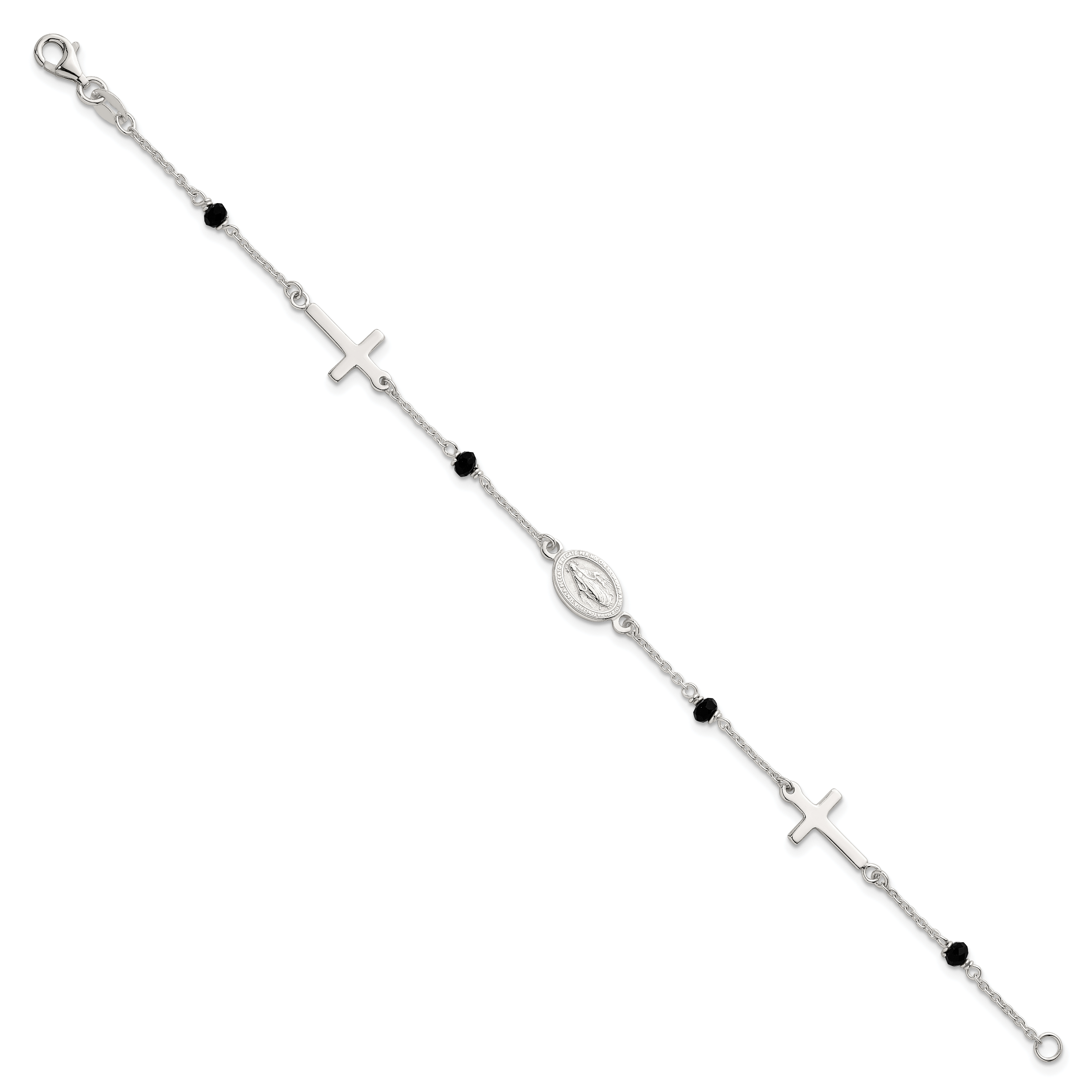 Sterling Silver Polished Spanish Miraculous Medal and Crosses with Black Glass Beads 7.5 inch Bracelet
