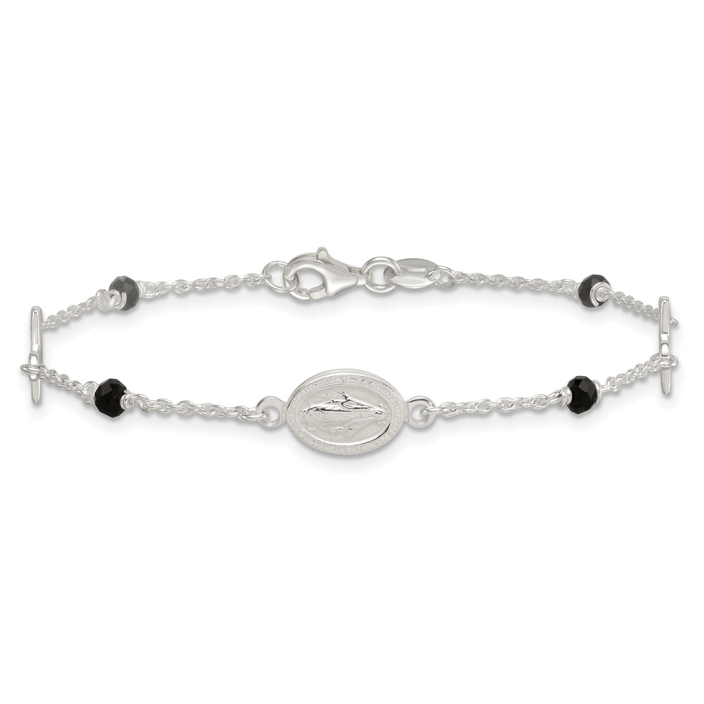 Sterling Silver Polished Spanish Miraculous Medal and Crosses with Black Glass Beads 7.5 inch Bracelet