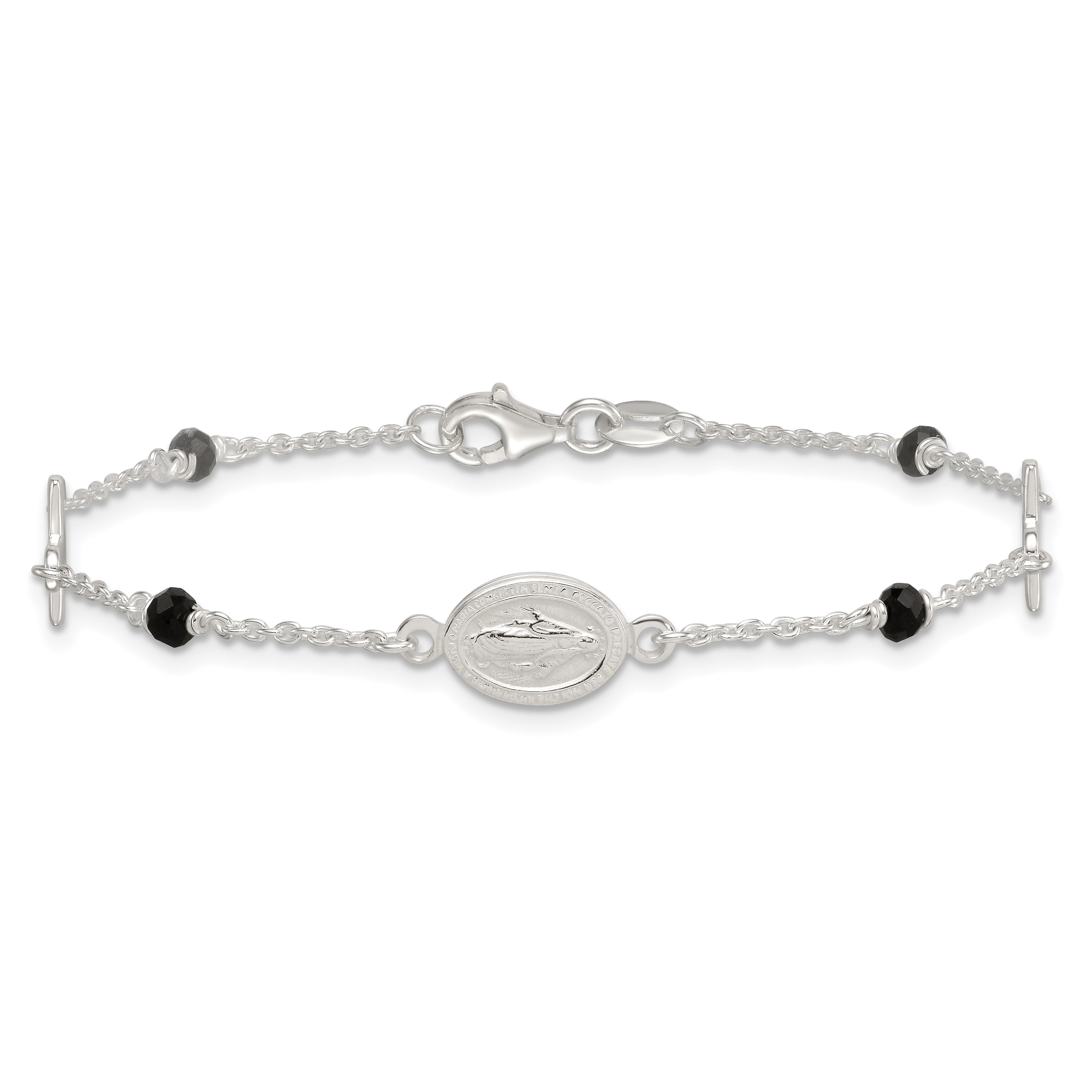 Sterling Silver Polished Spanish Miraculous Medal and Crosses with Black Glass Beads 7.5 inch Bracelet