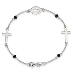 Sterling Silver Polished Spanish Miraculous Medal and Crosses with Black Glass Beads 7.5 inch Bracelet