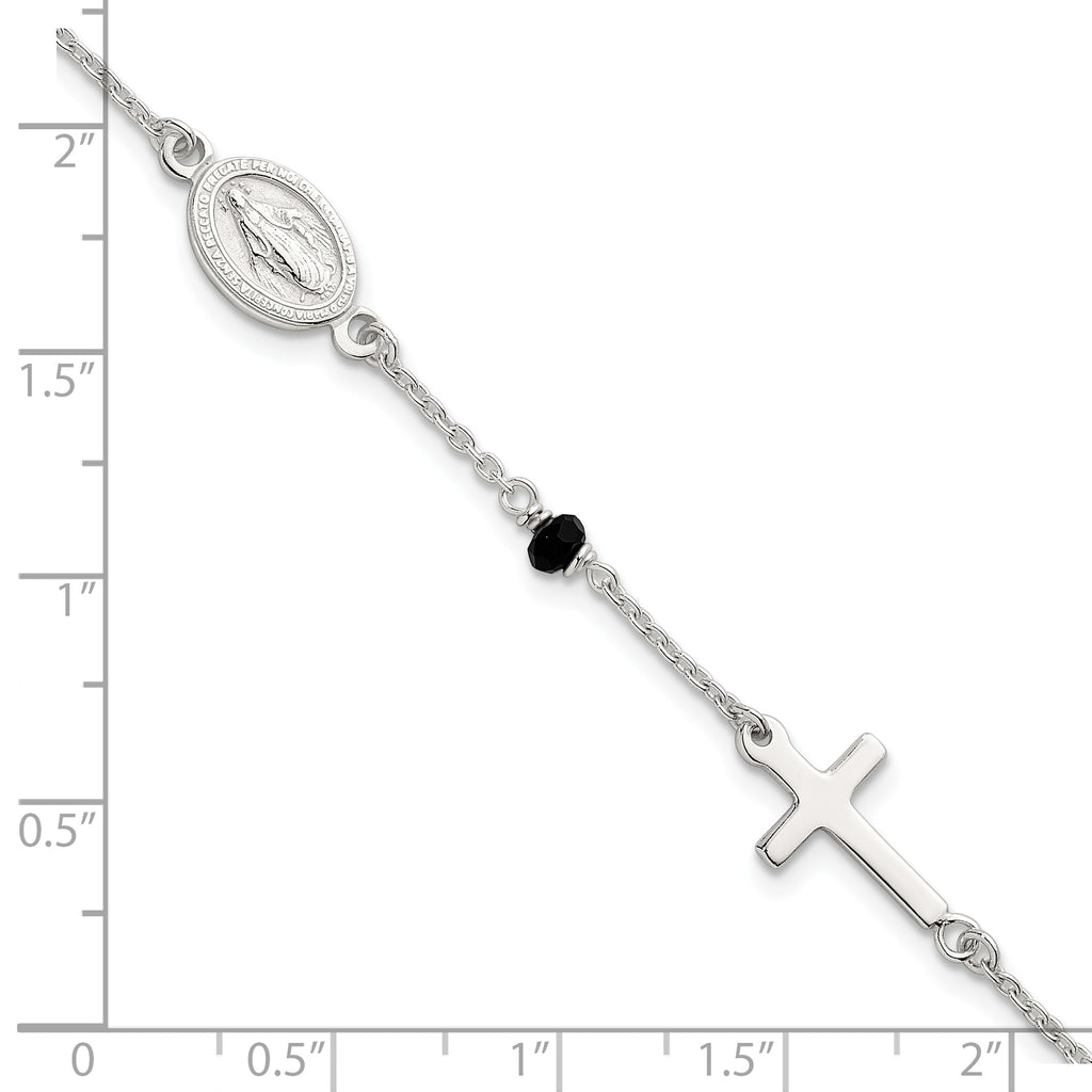 Sterling Silver Polished Spanish Miraculous Medal and Crosses with Black Glass Beads 7.5 inch Bracelet