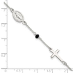 Sterling Silver Polished Spanish Miraculous Medal and Crosses with Black Glass Beads 7.5 inch Bracelet