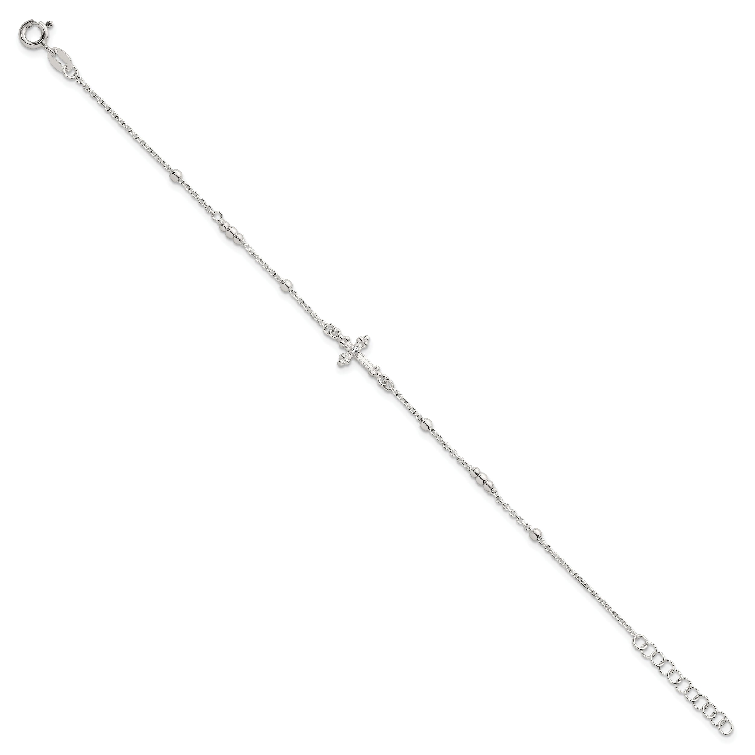 Sterling Silver Polished and Beaded White CZ Budded Cross 7 inch with 1 inch Extension Bracelet