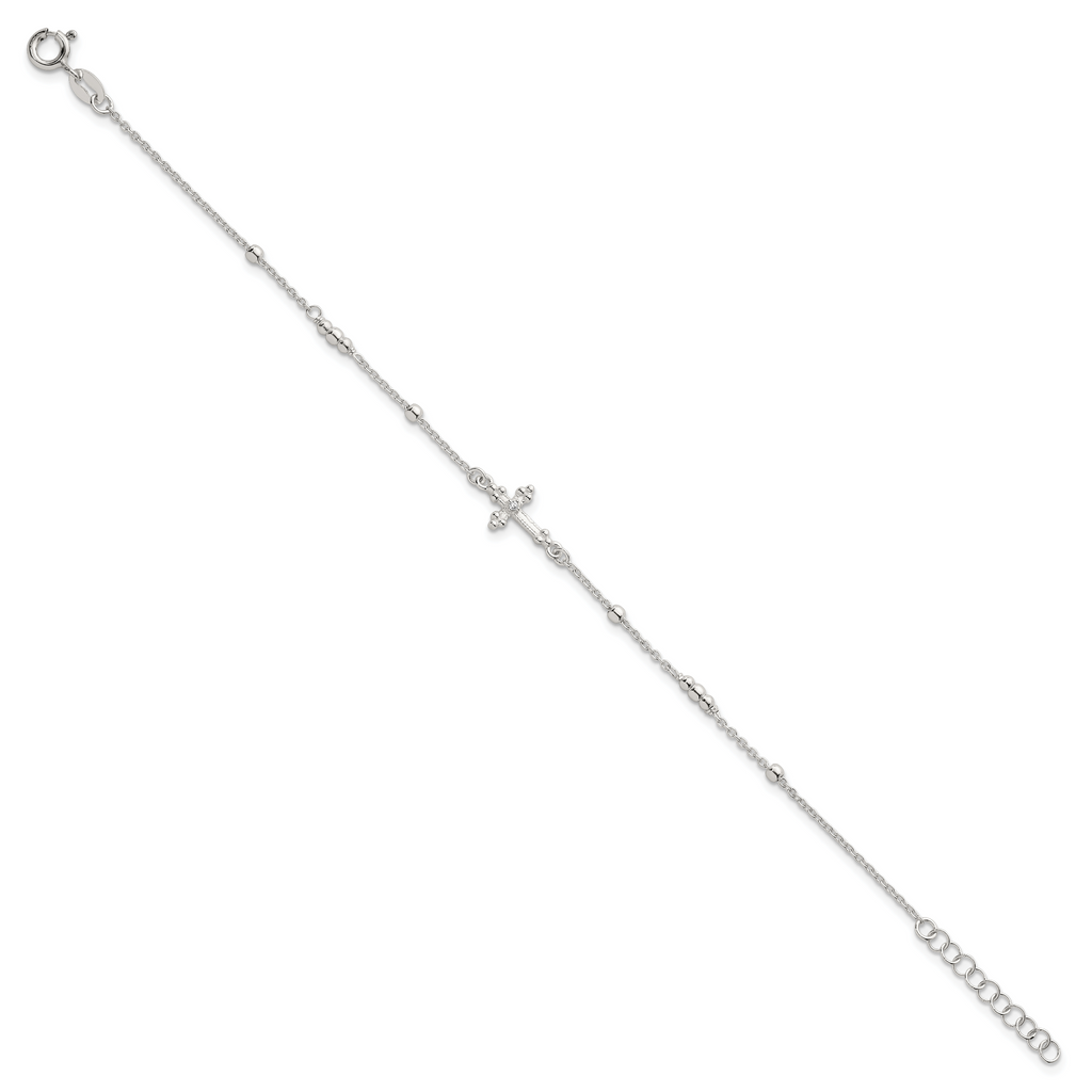 Sterling Silver Polished and Beaded White CZ Budded Cross 7 inch with 1 inch Extension Bracelet