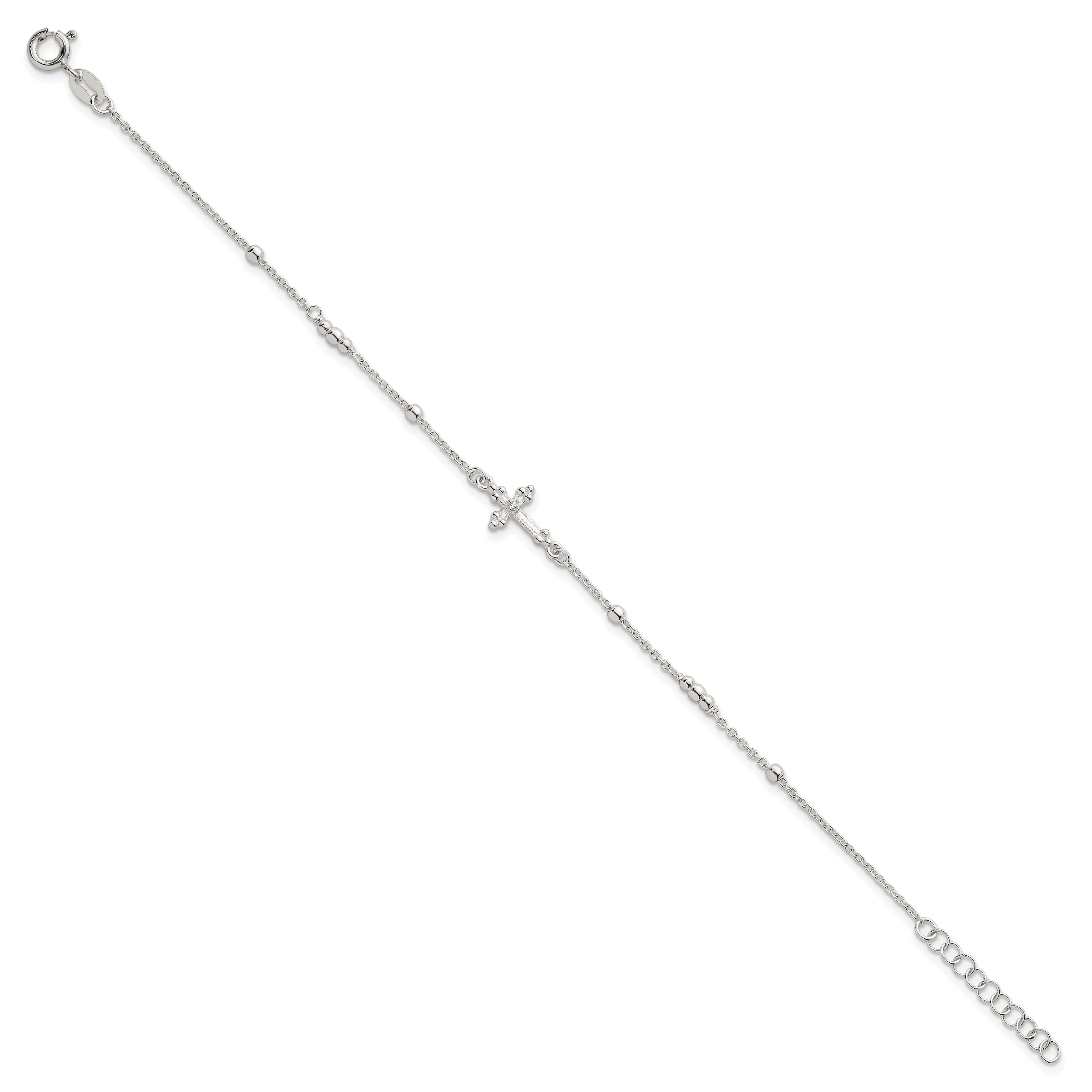 Sterling Silver Polished and Beaded White CZ Budded Cross 7 inch with 1 inch Extension Bracelet