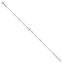 Sterling Silver Polished and Beaded White CZ Budded Cross 7 inch with 1 inch Extension Bracelet