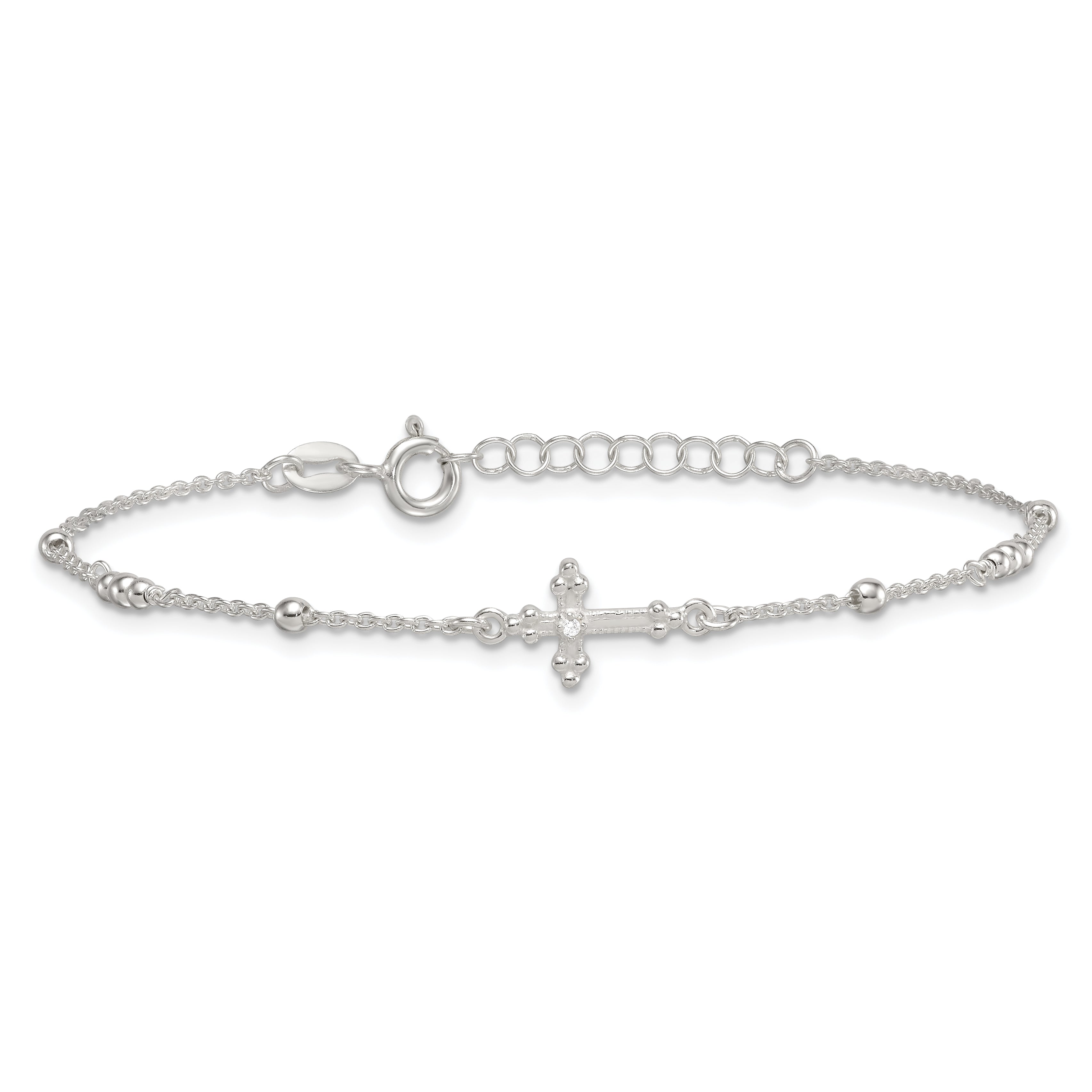 Sterling Silver Polished and Beaded White CZ Budded Cross 7 inch with 1 inch Extension Bracelet