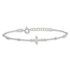 Sterling Silver Polished and Beaded White CZ Budded Cross 7 inch with 1 inch Extension Bracelet