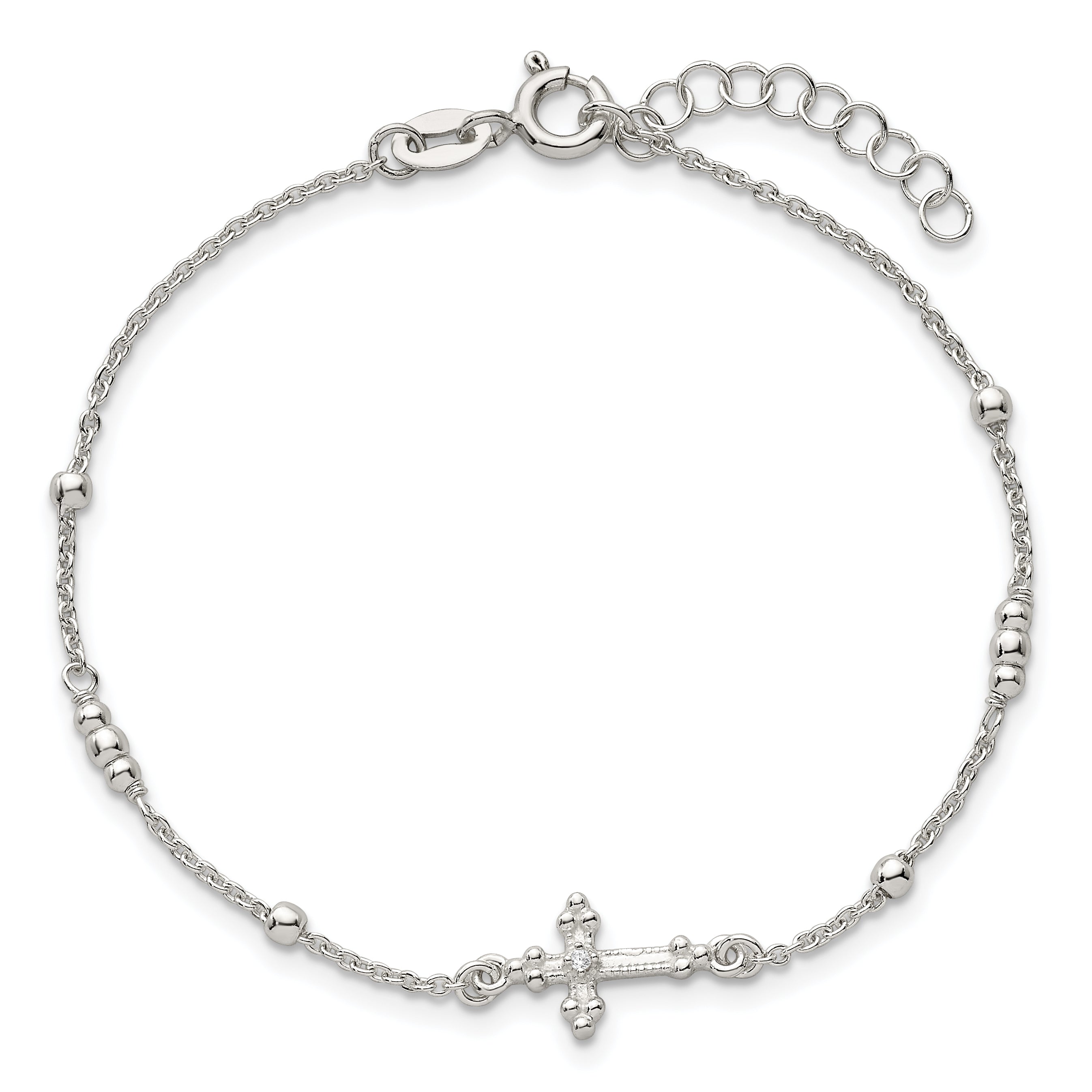Sterling Silver Polished and Beaded White CZ Budded Cross 7 inch with 1 inch Extension Bracelet