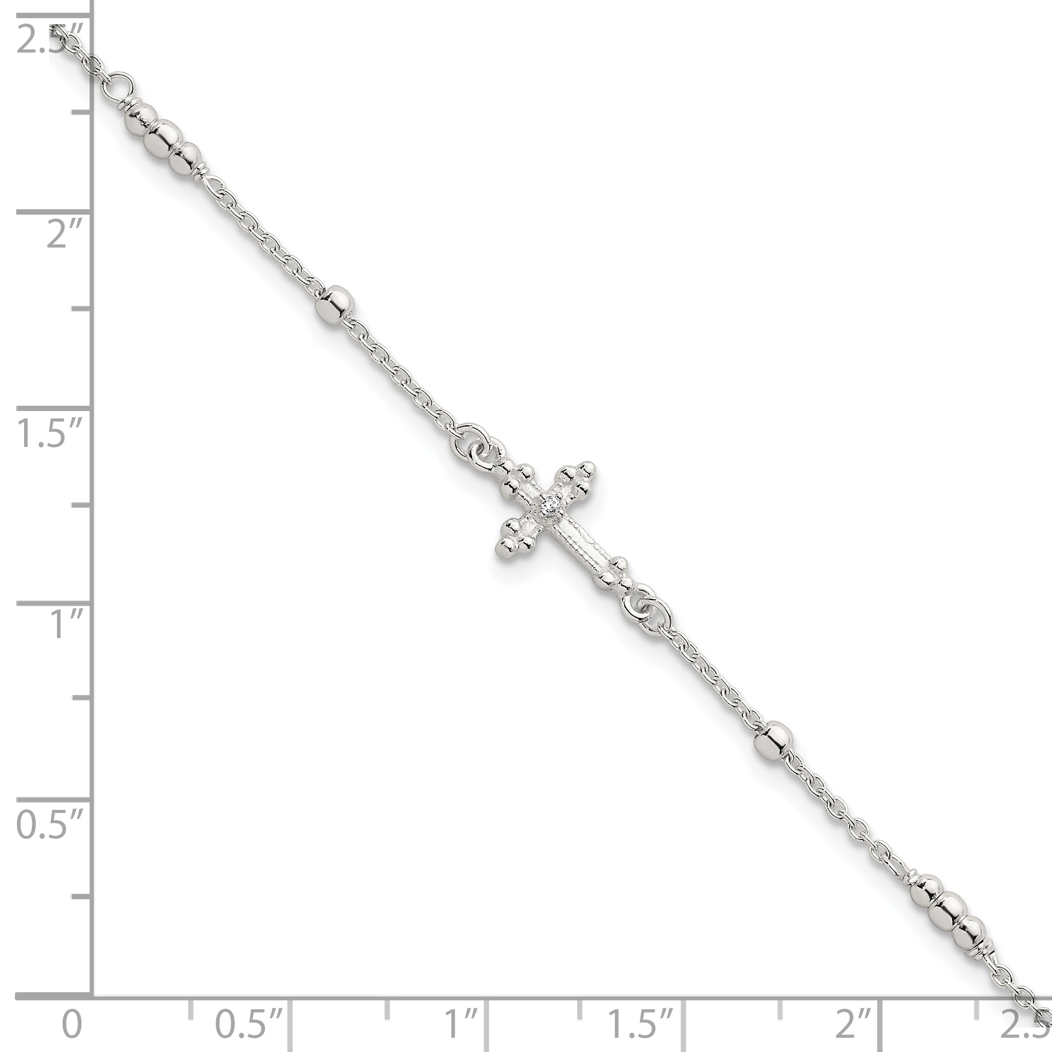 Sterling Silver Polished and Beaded White CZ Budded Cross 7 inch with 1 inch Extension Bracelet