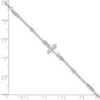 Sterling Silver Polished and Beaded White CZ Budded Cross 7 inch with 1 inch Extension Bracelet