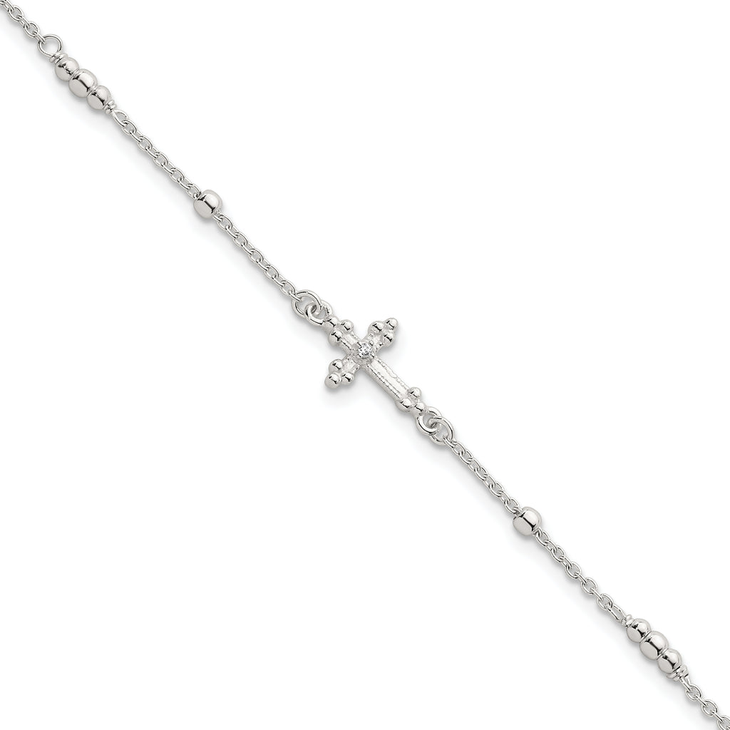 Sterling Silver Polished and Beaded White CZ Budded Cross 7 inch with 1 inch Extension Bracelet