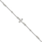 Sterling Silver Polished and Beaded White CZ Budded Cross 7 inch with 1 inch Extension Bracelet