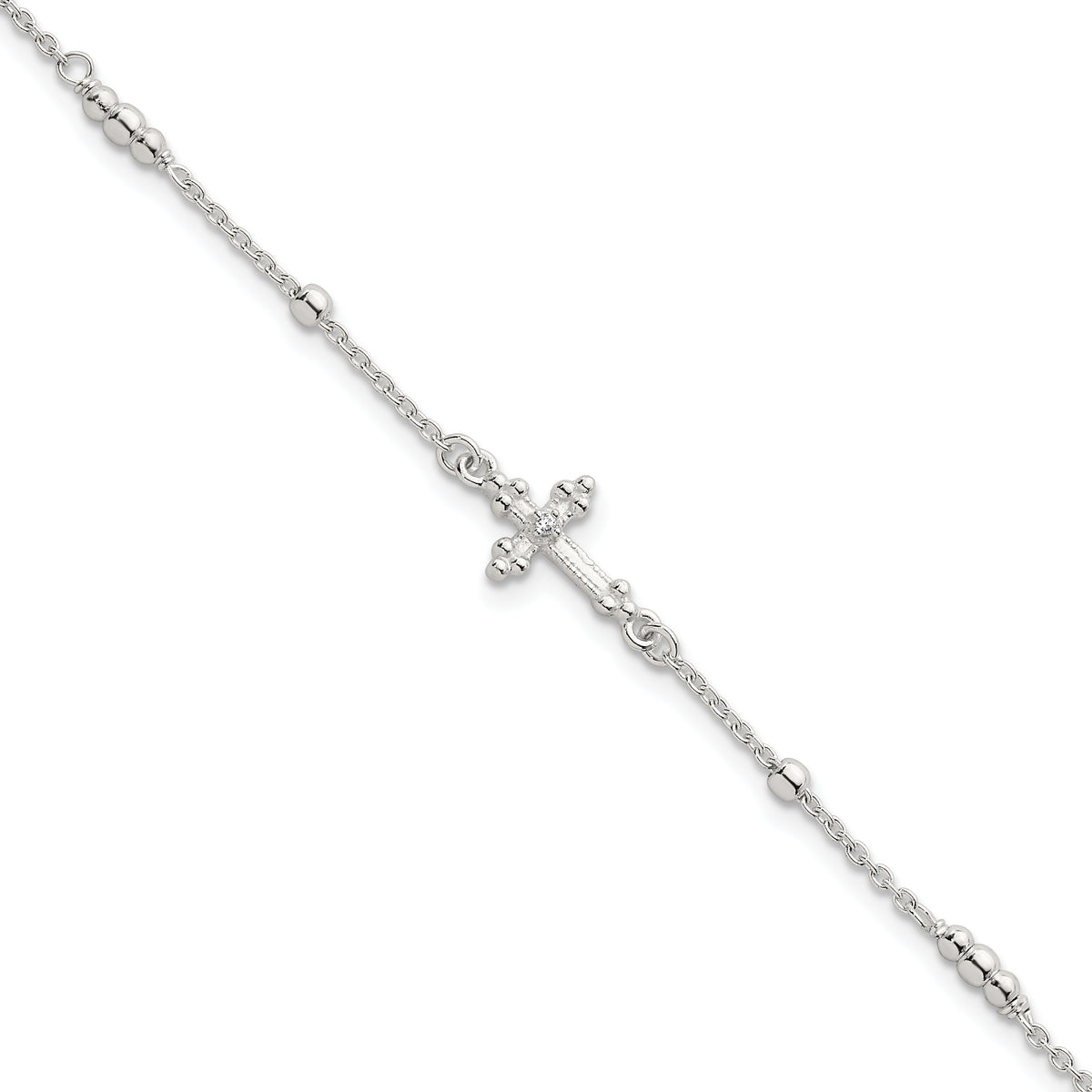 Sterling Silver Polished and Beaded White CZ Budded Cross 7 inch with 1 inch Extension Bracelet
