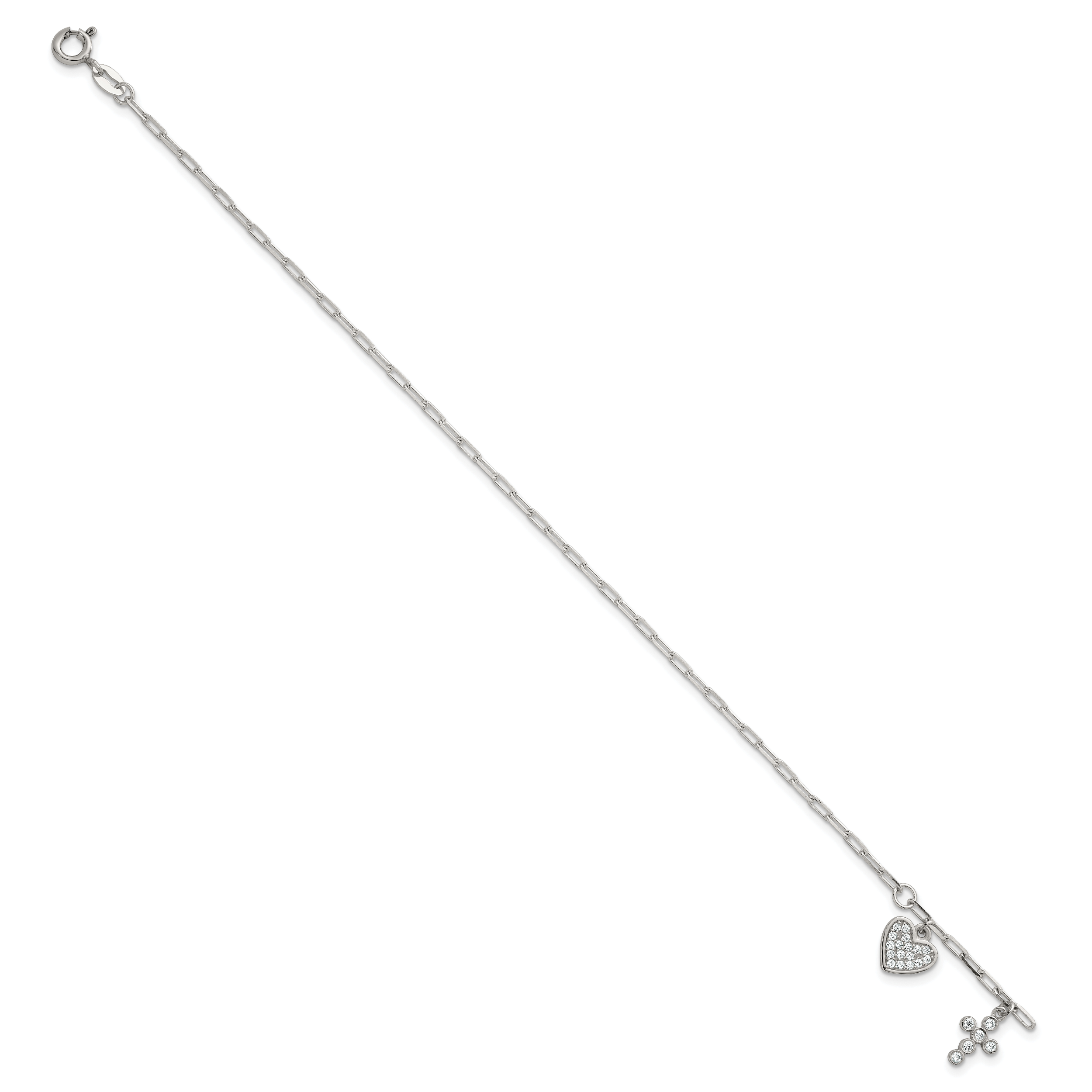 Sterling Silver Polished White CZ Heart and Cross Charms 7 inch with 1 inch Extension Bracelet Secondary image