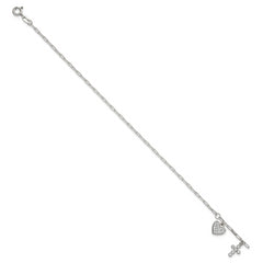 Sterling Silver Polished White CZ Heart and Cross Charms 7 inch with 1 inch Extension Bracelet