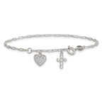 Sterling Silver Polished White CZ Heart and Cross Charms 7 inch with 1 inch Extension Bracelet