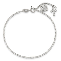 Sterling Silver Polished White CZ Heart and Cross Charms 7 inch with 1 inch Extension Bracelet