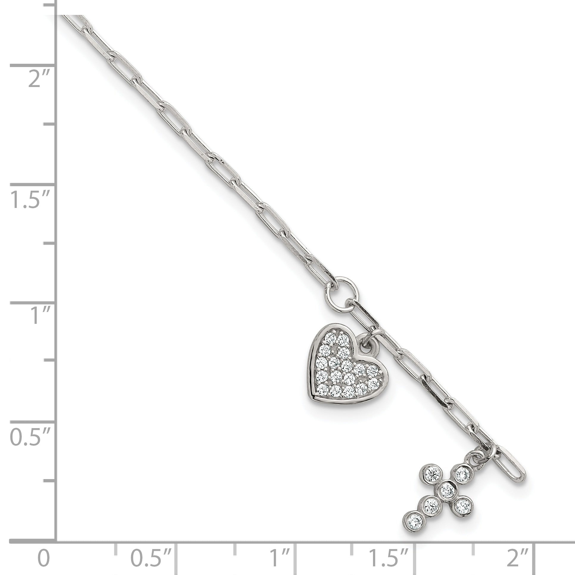 Sterling Silver Polished White CZ Heart and Cross Charms 7 inch with 1 inch Extension Bracelet