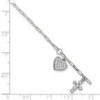 Sterling Silver Polished White CZ Heart and Cross Charms 7 inch with 1 inch Extension Bracelet