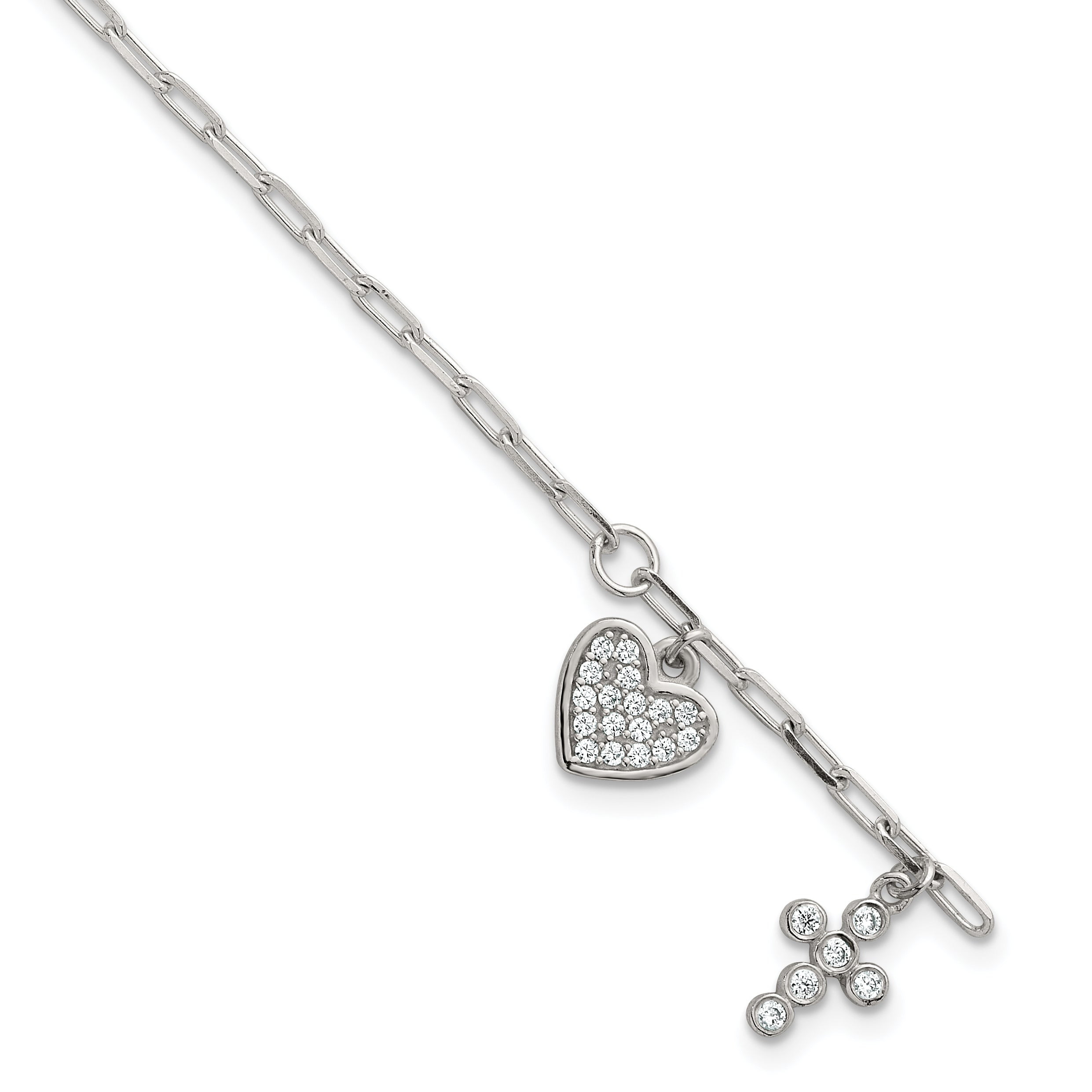 Sterling Silver Polished White CZ Heart and Cross Charms 7 inch with 1 inch Extension Bracelet